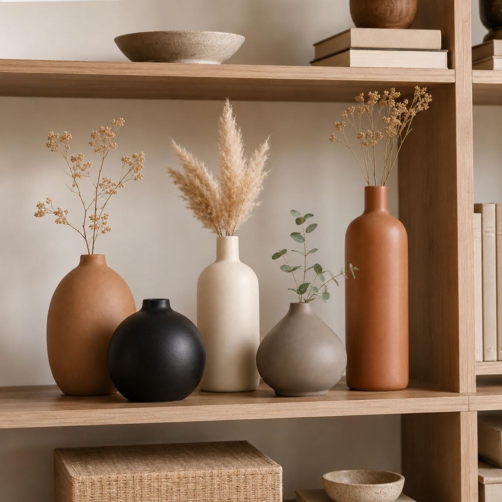 Ceramic Vase Set of 4, Modern Vases Home Decor, Neutral Decorative Vase for Bouquet Pampas Grass Dried Fresh Flowers, Small Vase for Living Room, Kitchen, Bedroom, Bathroom, Entryway Mantel, Decor