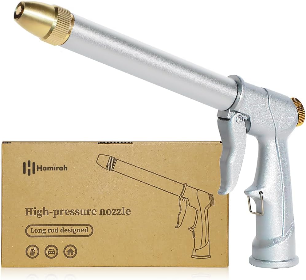 Garden Hose Nozzle Sprayer with Full Brass Nozzle, 100% Heavy Duty Metal Water Sprayer Nozzle Fits 3/4” Garden Hose Thread with 4 Patterns, 360° Rotating Adjustable Nozzle for Plants, Lawns, Cars