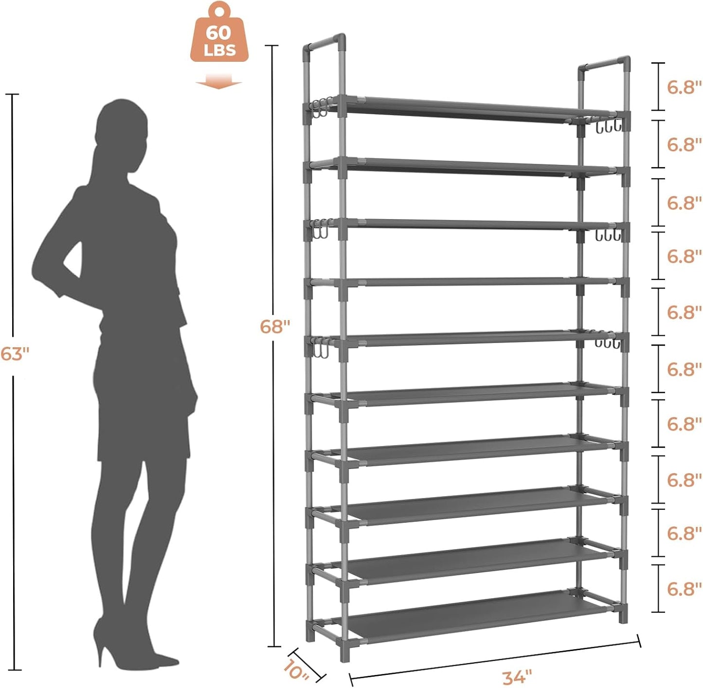 LANTEFUL 10 Tiers Tall Shoe Rack 20-25 Pairs Boots Organizer Storage Sturdy Narrow Shoe Shelf for Entryway, Closets with Hooks, Black