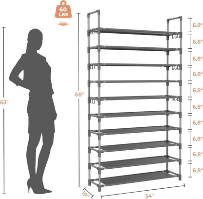 LANTEFUL 10 Tiers Tall Shoe Rack 20-25 Pairs Boots Organizer Storage Sturdy Narrow Shoe Shelf for Entryway, Closets with Hooks, Black