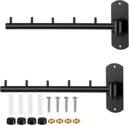 2-Pack Folding Wall Mounted Clothes Hanger Rack, 180° Swing Arm Space Saving Drying Rack, Heavy Duty Stainless Steel Hook for Laundry Room, Bathroom, Closet - Black