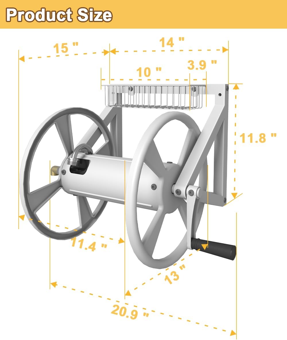 Artigarden Triangle Wall Mounted Garden Hose Reel, Outdoor Heavy-Duty Water Hoses Holder Winder, Holds 125 Ft of 5/8-Inch Hose, with 3.9 ft Leader Hose, Brass Fitting, Storage Basket for Yard, Black