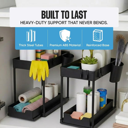 Undersink Organizer, 2-Tier Under Sink Storage Rack with Sliding Drawers for Kitchen Bathroom Cabinets, Pull Out Organizer for Pantry, Laundry Room & Closet Organization - 1 Pack, Black