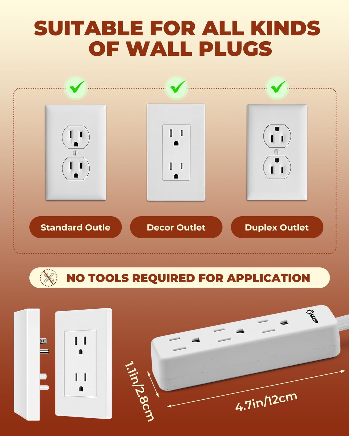 Saker Outlet Concealer Power Strip | 5ft Flat Plug Extension Cord with 3 Outlets,1625W | Universal Size Outlet Cover Baby Proofing | Cover Extension Cord for Kitchen, Home and Office