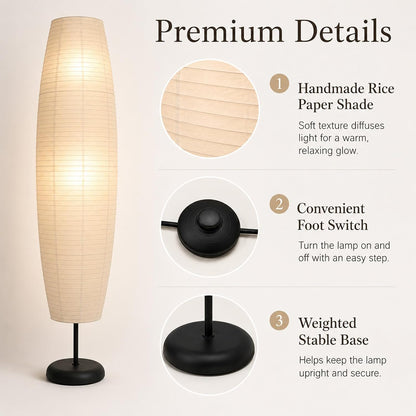 Rice Paper Floor Lamp with Foot Switches,White Paper Floor Lantern,Art Deco Ambient Lighting,Minimalist Tall Standing Lamp for Bedroom Living Room and Study Room