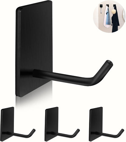Adhesive Hooks Heavy Duty, Long Stainless Steel Self Adhesive Wall Hook, Sticky Towel Hangers for Kitchen Bathroom, Waterproof Stick on Door Hooks for Hanging Key Hat Coat 4Pack(Black)