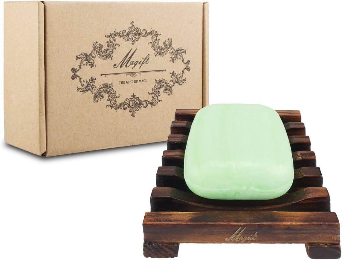 2 Pack Wooden Soap Holder Bamboo Soap Dish for Shower with Self Draining Tray Natural Bar Soap Holder and Soap Saver for Bathroom Kitchen Sink