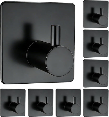 Adhesive Towel Hook 8Pack Matte Black, Modern Style Stainless Steel Wall Hooks Stick for Clothes, Hat, Towel Robe Hook Rack Wall Mount, Thicken Holder for Home Bathroom Kitchen