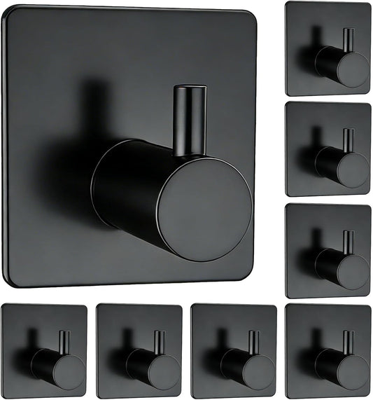 Adhesive Towel Hook 8Pack Matte Black, Modern Style Stainless Steel Wall Hooks Stick for Clothes, Hat, Towel Robe Hook Rack Wall Mount, Thicken Holder for Home Bathroom Kitchen