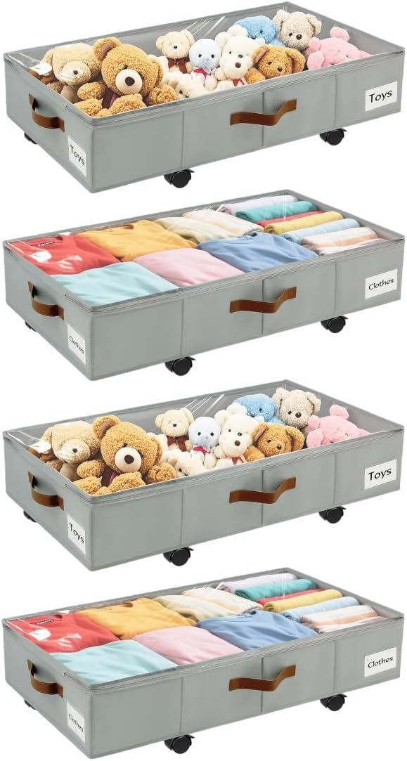Under Bed Storage with Wheels,Underbed Storage with Sturdy Sidewalls/Bottom, Clear Cover, Label and PU Handle, Rolling Under Bed Drawers for Clothes, Shoes, 6.5 Inch Height,Black, 2 Pack
