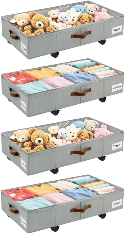 Under Bed Storage with Wheels,Underbed Storage with Sturdy Sidewalls/Bottom, Clear Cover, Label and PU Handle, Rolling Under Bed Drawers for Clothes, Shoes, 6.5 Inch Height,Black, 2 Pack