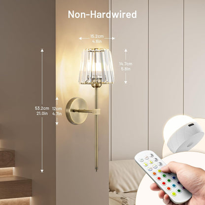 Crystal Battery Operated Wall Sconces Set of 2, Gold Rechargeable Wireless Wall Sconce Lights with Crystal Lampshade, 12 RGB and 3CCT Dimmable Wall Lamps with Remote for Bedroom Living Room Hallway