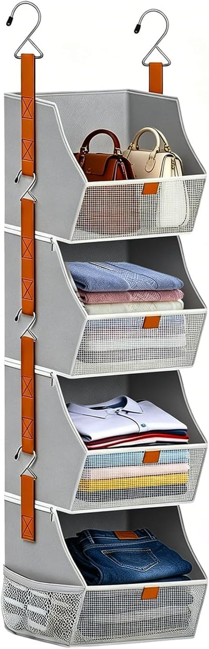 Hanging Closet Organizer 4 Tier, Hanging Shelves for Closet-Hanging Closet Organizer with Stackable Shelves,Versatile Fabric Storage Bins for Bedroom, RV, Nursery,Dorm(Purple)