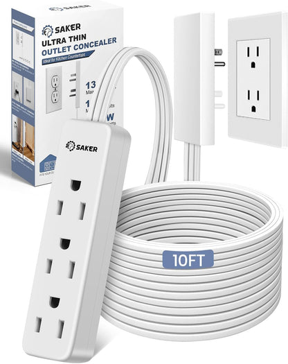 Saker Outlet Concealer Power Strip | 5ft Flat Plug Extension Cord with 3 Outlets,1625W | Universal Size Outlet Cover Baby Proofing | Cover Extension Cord for Kitchen, Home and Office