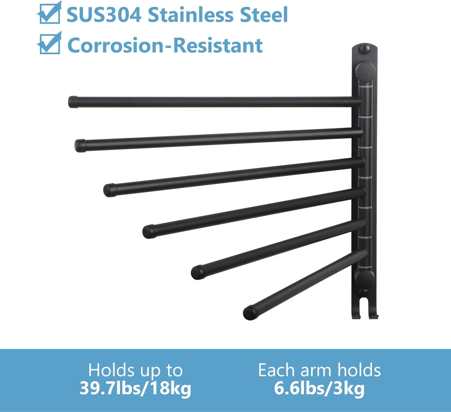Towel Rack Wall Mounted JSVER Bathroom Towel Rack, Space Saving Towel Holder, 13.4 Inches Swivel SUS304 Stainless Steel Towel Bar, 180° Rotation 6 Arms Towel Racks for Bathroom