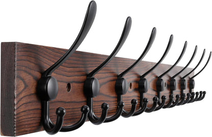 Kuhome 2pcs Coat Rack Wall Mount Wooden Hat Rack for Wall Hooks Pine Real Wood Plank 16.9" Brown Coat Hanger with 5 Triple Hooks for Hanging Coat Hat Jacket