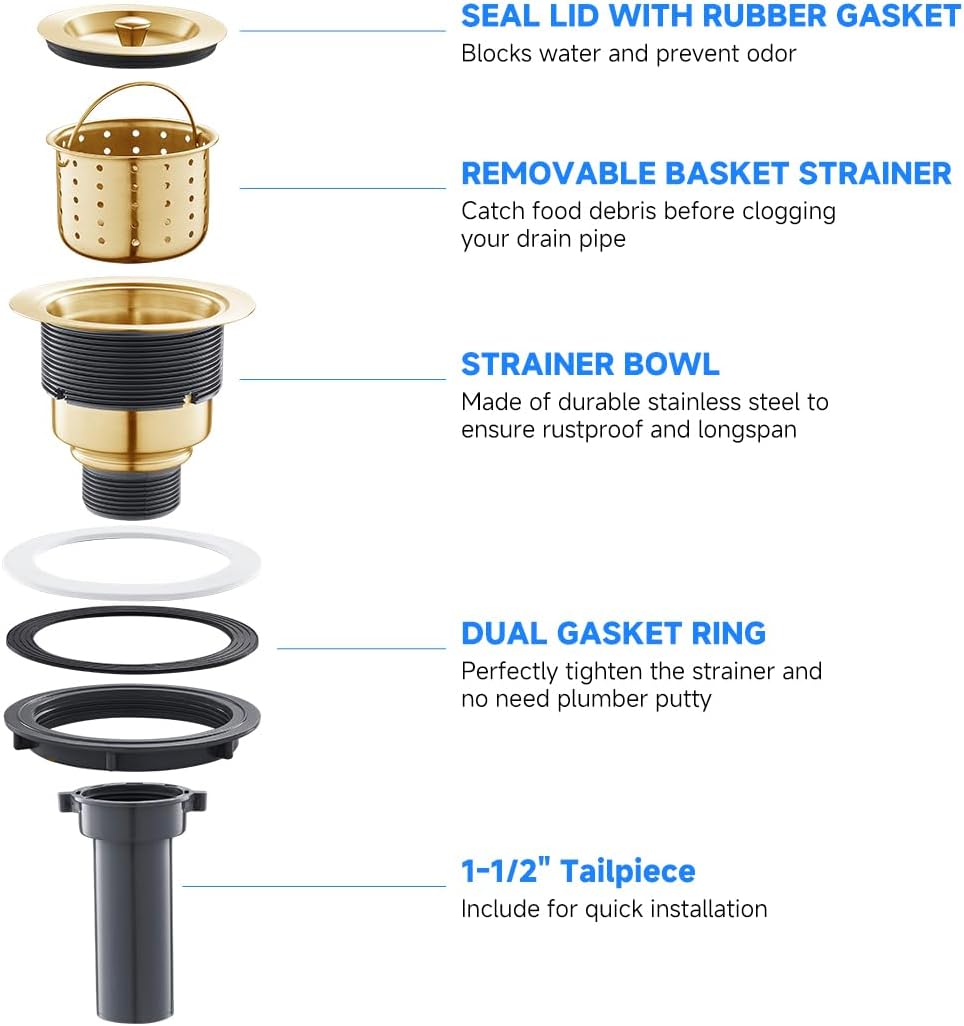 POPFLY 3-1/2 Inch Sink Drain Assembly Brushed 304 Stainless Steel Removable Deep Strainer Basket, Rust-Proof & Easy Install with Sealing Lid＆Tailpiece, for Home/Bathroom/Commercial Sinks