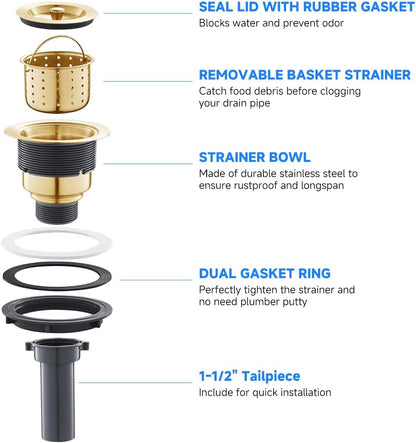 POPFLY 3-1/2 Inch Sink Drain Assembly Brushed 304 Stainless Steel Removable Deep Strainer Basket, Rust-Proof & Easy Install with Sealing Lid＆Tailpiece, for Home/Bathroom/Commercial Sinks