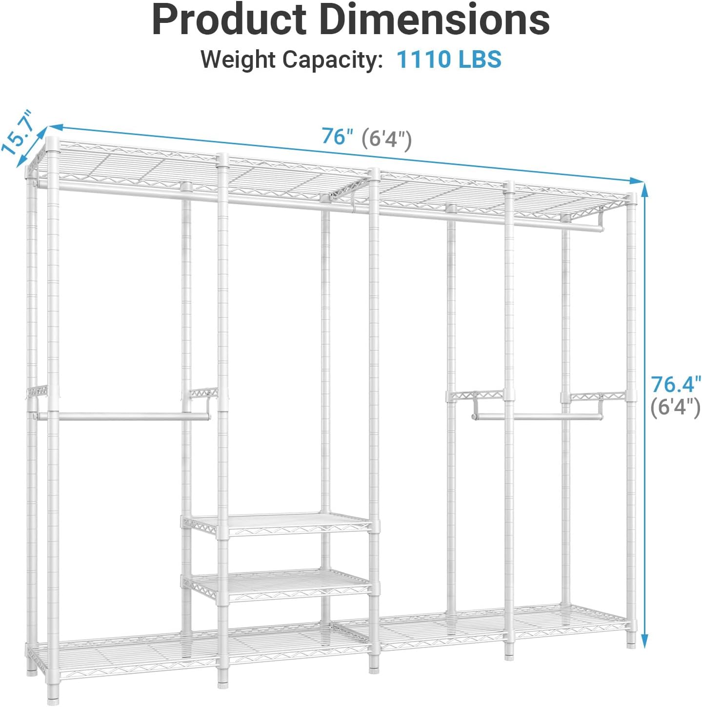 VIPEK V40 Heavy Duty Clothes Rack, 1110lbs Capacity Sturdy Metal Garment Rack, Clothing Rack with 6 Shelves & 4 Hang Rods, Adjustable Open Wardrobe Closet Organizer for Bedroom/Apartment/Retail, Black