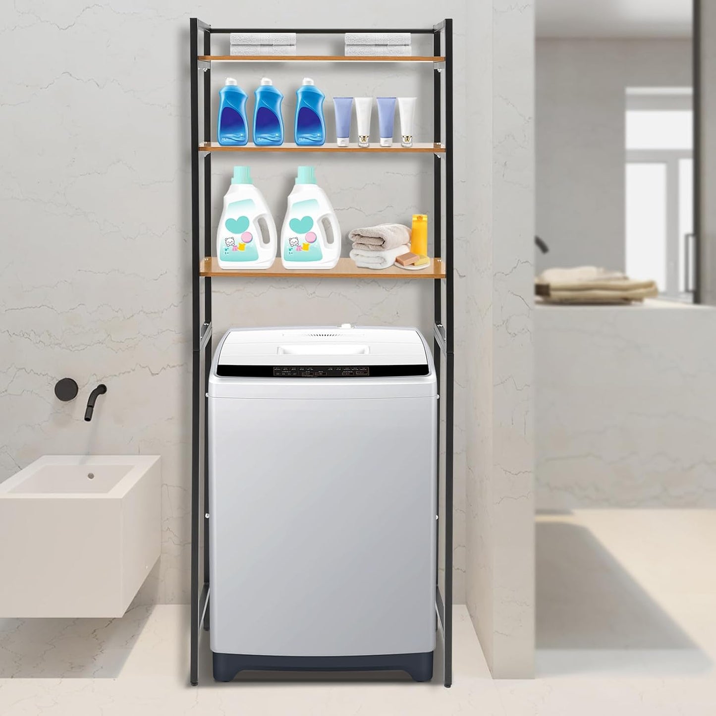 Over The Washer and Dryer Storage Shelf, 3-Tier Floor-Standing Storage Rack Metal Utility Organizer for Laundry Room Bathroom Kitchen