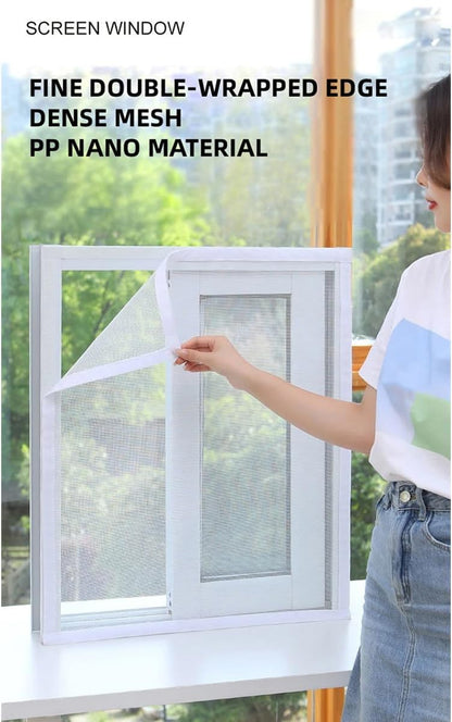 31.5" x 47.2" Self Adhesive Fiberglass Window Screen with Hook and Loop Tape, White Frame Mesh Screen Curtain Window Repair Kits