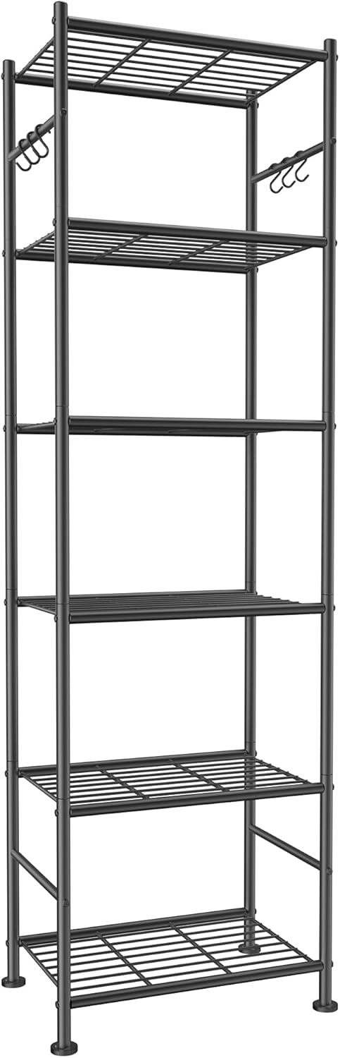 Sakugi Storage Shelves - 5-Tier Large Capacity Shelf Organizer with Hooks, Heavy-Duty Garage Shelving with Leveling Feet, Wobble-Free Rack for Bedroom, Balcony, Garage, 18.1"×12.4"×56.8", Black