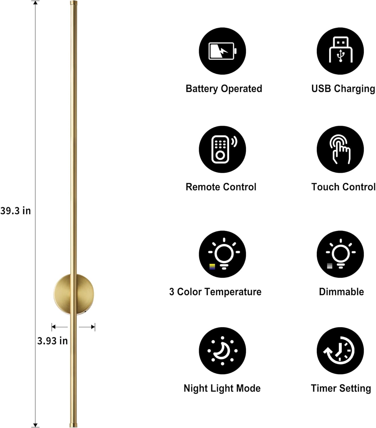 Battery Operated Modern Wall Sconces, Dimmable Wireless Wall Light Set of Two with Remote Control, 3 Color Temperatures, Rechargeable LED Wall Sconce for Bedroom, Living Room, Hallway, 23.6 Inch Brass