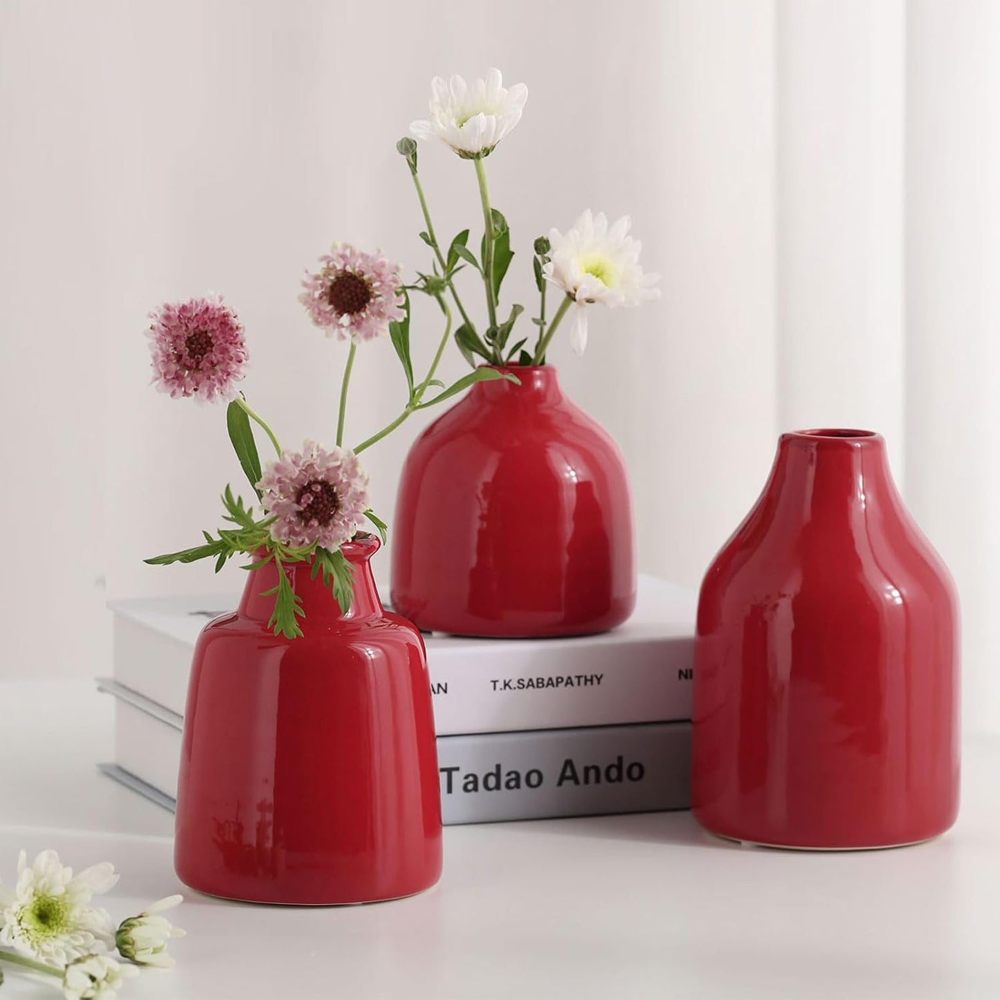 hjn Small White Vase Set of 3 for Modern Home Decor,Ceramic Vases for Centerpieces Flower Vases for Living Room Wedding/Dinner Table/Party -White