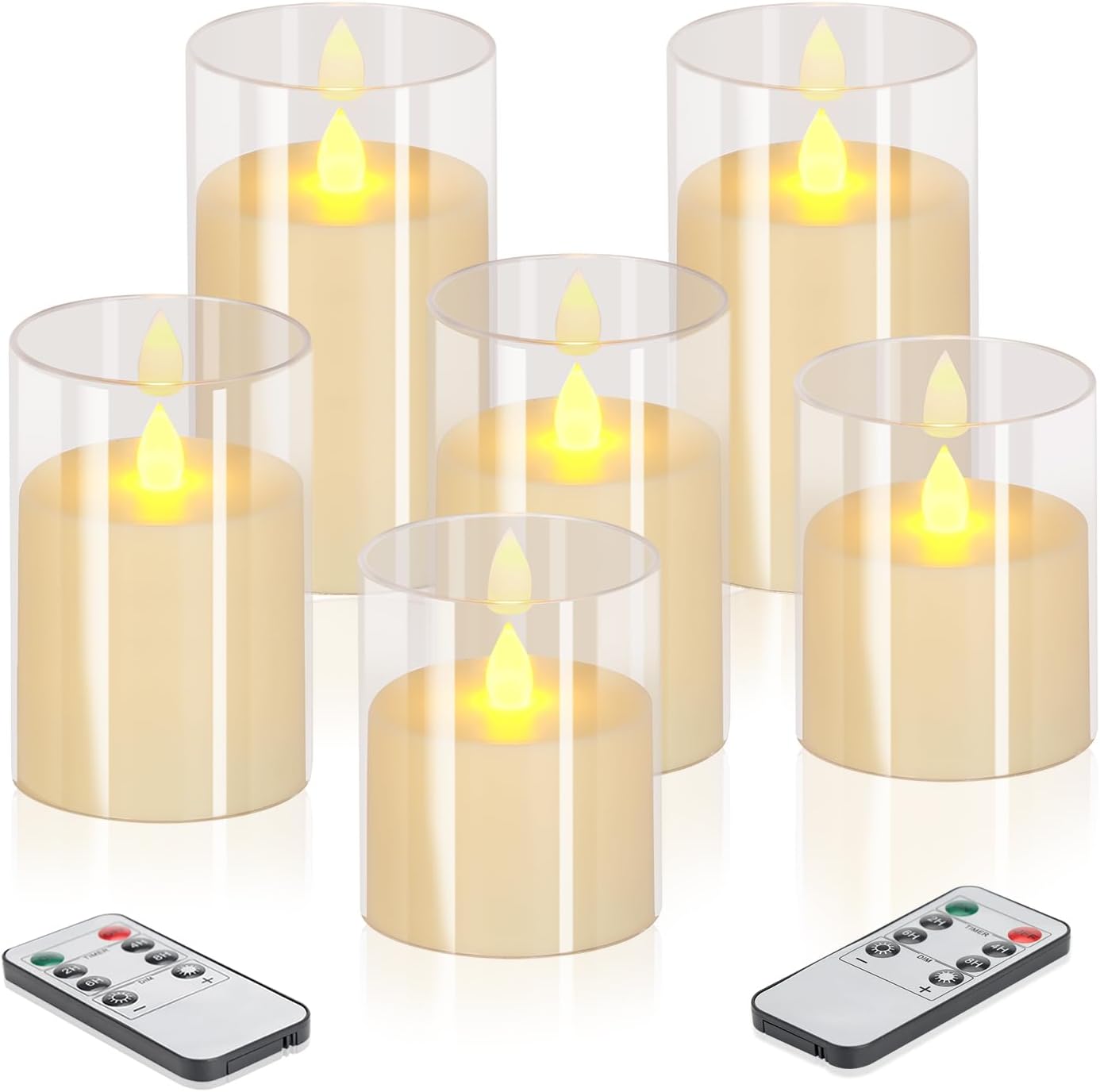 wemarry Flameless Candles 4" 5" 6" Acrylic Glass Pillars 3" Diameter Battery Operated Flickering Candles Include 8-Key Remote with Timer Function 400+ Hours (Amber, Warm Light 3 Pack)