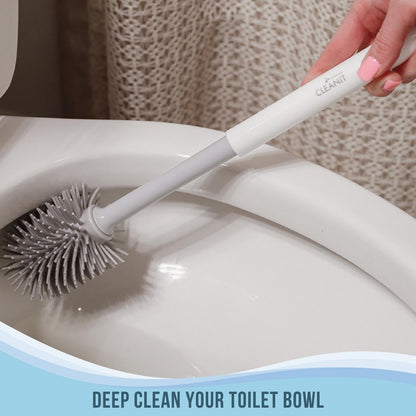 Don Aslett Silicone Toilet Bowl Brush Set (Gray) Includes Slim Brush Holder, Sturdy Handle, & 2 Replacement Heads with Durable Silicone Bristles | Easy to Clean & Compact Toilet Scrubber for Bathroom