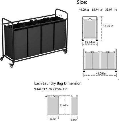 LINZINAR 3-Bag Laundry Hamper, Black Laundry Basket, 35.6 Gal(135 L) Laundry Sorter Cart Laundry Room Organization with Heavy Duty Rolling Lockable Wheels and Removable Bags