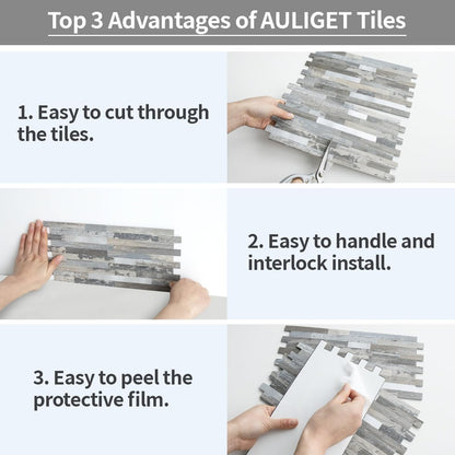 AULIGET 20 Sheets Peel and Stick Backsplash, Black & Grey Wood Look PVC Mixed Metal Stick on Backsplash Tiles for Kitchen