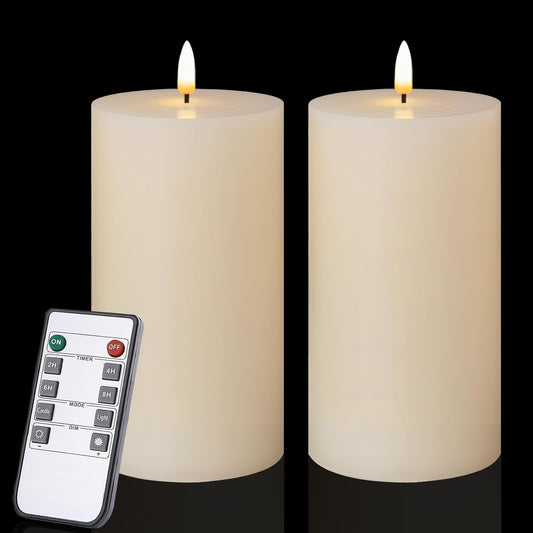 volnyus White Flameless Candles Set of 2 (3x6 inch) Flickering LED Wax Candles Battery Operated with Remote Control Timers for Night Light/Fireplace/Party Dimmable Pillar Candles Flat top