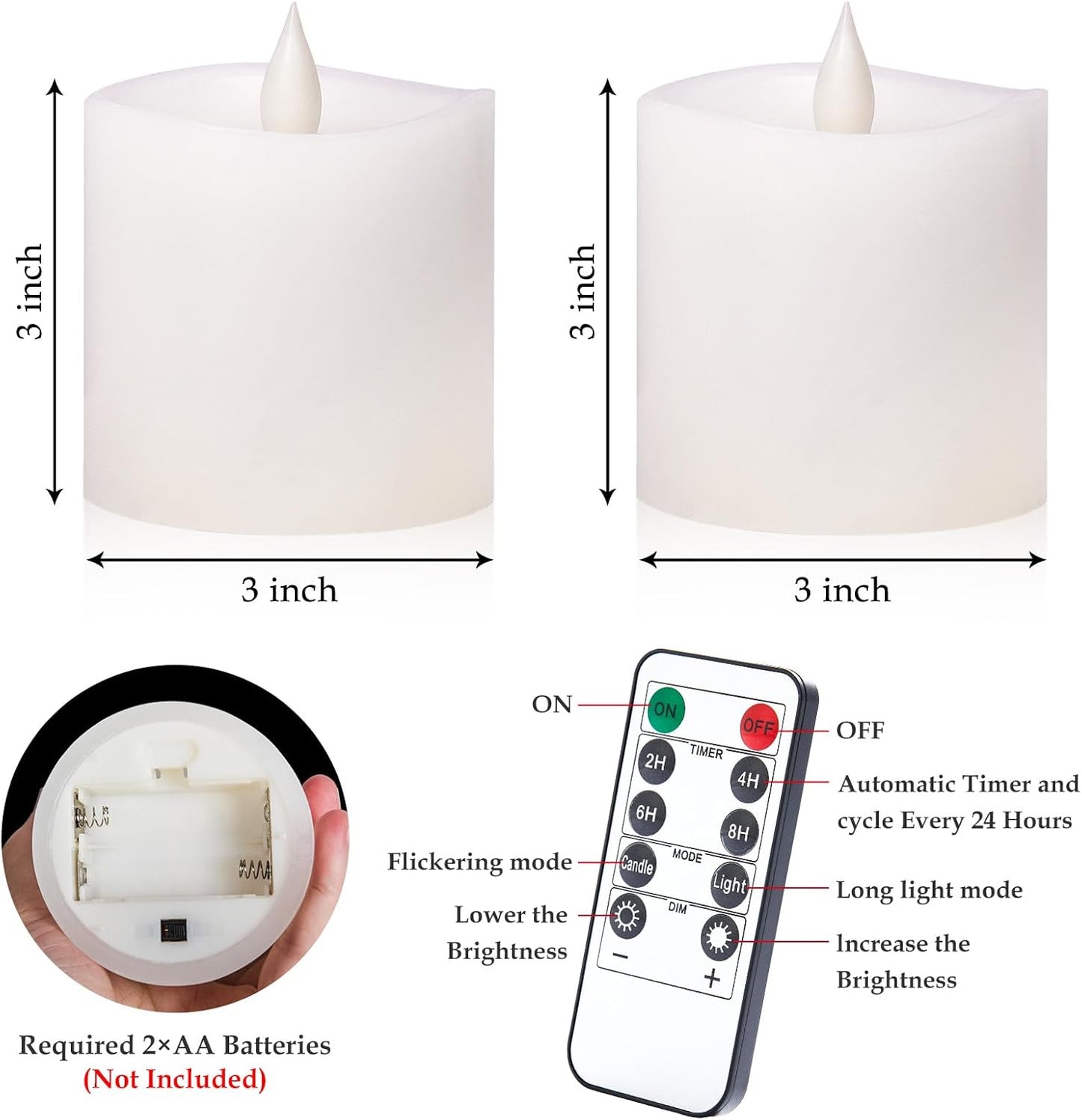 3"x4" Flickering Flameless Battery Candles with Timer, White Realistic LED Pillar Candles, Set of 2 Large Remote-Operated Candles for Home Indoor/Outdoor & Holiday Decor