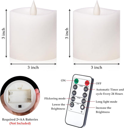 3"x4" Flickering Flameless Battery Candles with Timer, White Realistic LED Pillar Candles, Set of 2 Large Remote-Operated Candles for Home Indoor/Outdoor & Holiday Decor