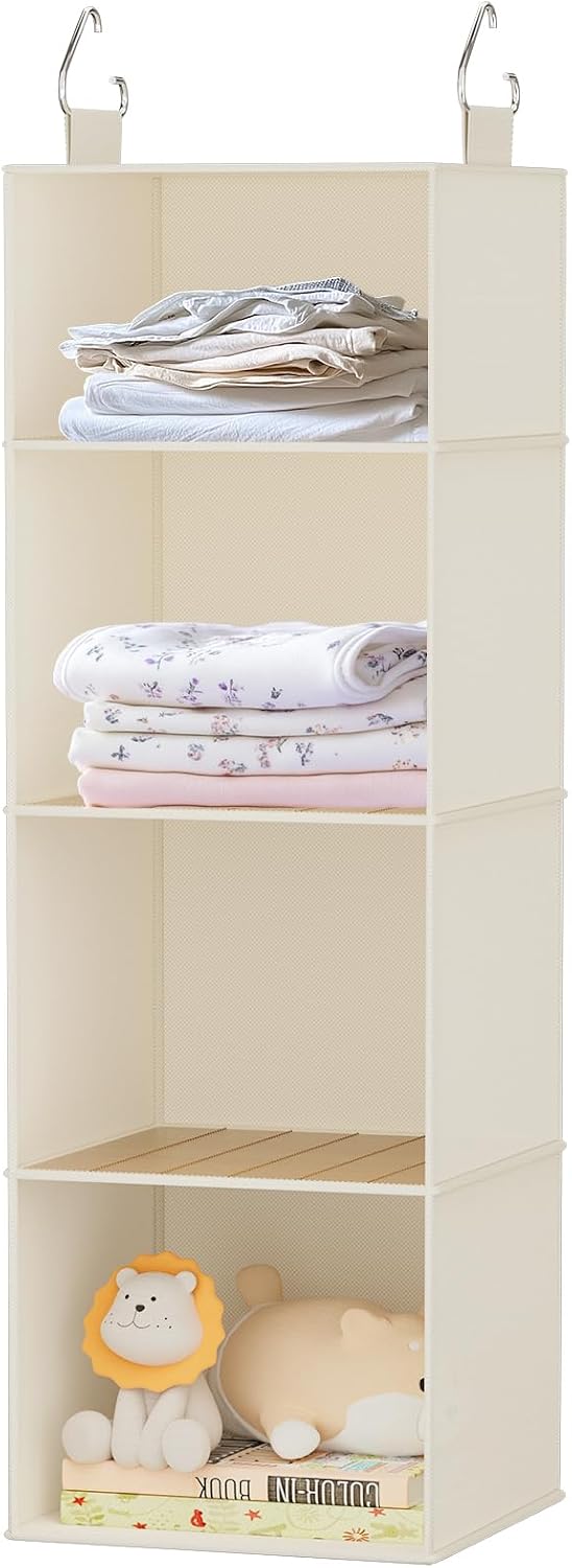 Hanging Shoe Organizer for Closet with 8 Shelves,Mesh Pockets-Wider Hanging Shelves for Shoes,Clothes,Hats with Sturdy Bamboo-Supported Design (Beige)