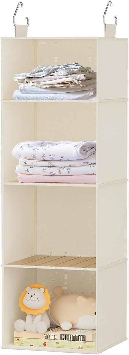Hanging Shoe Organizer for Closet with 8 Shelves,Mesh Pockets-Wider Hanging Shelves for Shoes,Clothes,Hats with Sturdy Bamboo-Supported Design (Beige)