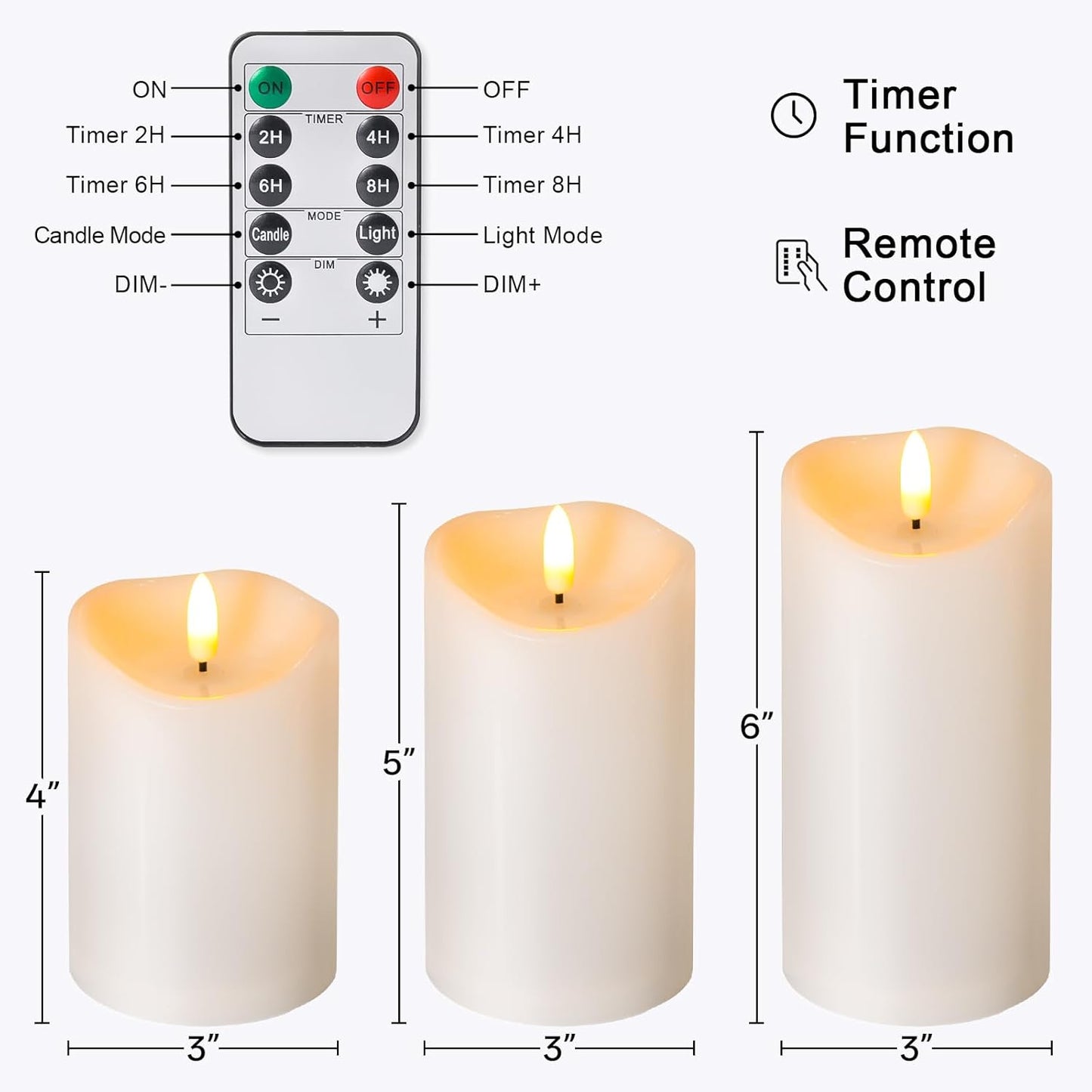 Outdoor Flameless Candles with Remote Timer - Waterproof Realistic Flickering LED Pillar Electric Battery Operated Fake Candle for Holiday Home Wedding Fireplace Decor - Ivory White 3 Pack (4”6”8”)