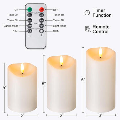 Outdoor Flameless Candles with Remote Timer - Waterproof Realistic Flickering LED Pillar Electric Battery Operated Fake Candle for Holiday Home Wedding Fireplace Decor - Ivory White 3 Pack (4”6”8”)