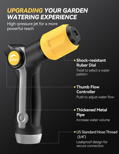 VOXON Garden Hose Nozzle with High Pressure Jet, 100% Heavy Duty Metal Water Hose Nozzle Sprayer with Thumb Flow Control, Adjustable Spray Patterns for Garden Watering, Car Washing, Yellow