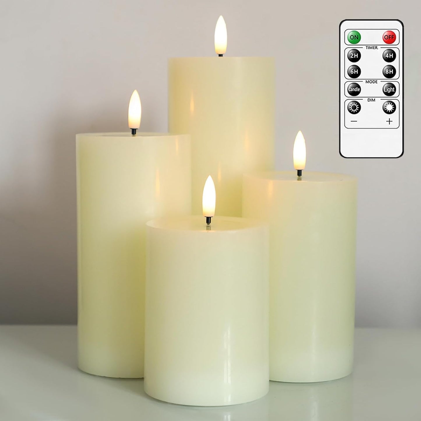 Lezonic Ivory LED Flameless Candles with Remote Timer, 4 Pack Battery Operated Candles Flickering, Grease Design Real Wax Pillar for Wedding Decor, Centerpiece, Birthday Gifts (4/5/6/8 Inch)