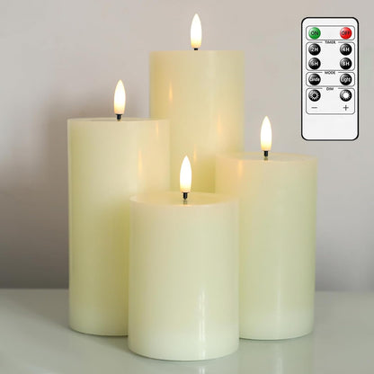 Lezonic Ivory LED Flameless Candles with Remote Timer, 4 Pack Battery Operated Candles Flickering, Grease Design Real Wax Pillar for Wedding Decor, Centerpiece, Birthday Gifts (4/5/6/8 Inch)