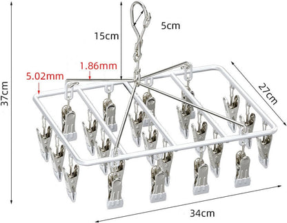 Drying Rack for Sock, Stainless Steel Sock Drying Rack with 23 Clips, Swivel Hook Windproof Hanger for Sock, Laundry, Hat, Scarf, Bras, Towel, Underwear, Pants, Gloves (White)