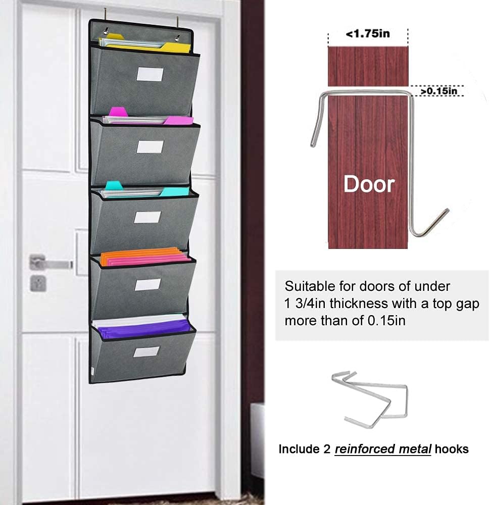 Over the Door Hanging File Organizer 5 Extra Large Pockets Wall Hanging File Folders Organizer Holders,Home Office Supplies Storage Pocket Chart for Paper Mails Planners Notebooks,Gray