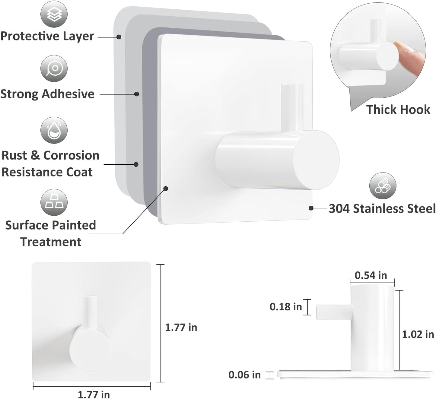 VIS'V Adhesive Towel Hooks, Waterproof Shower Wall Stick on Hooks, 2 Extra Adhesive Strips, White, 4 Pcs