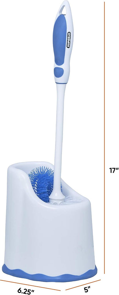Superio Toilet Brush and Holder,Toilet Bowl Cleaning System with Scrubbing Wand, Under Rim Lip Brush and Storage Caddy for Bathroom, White and Blue