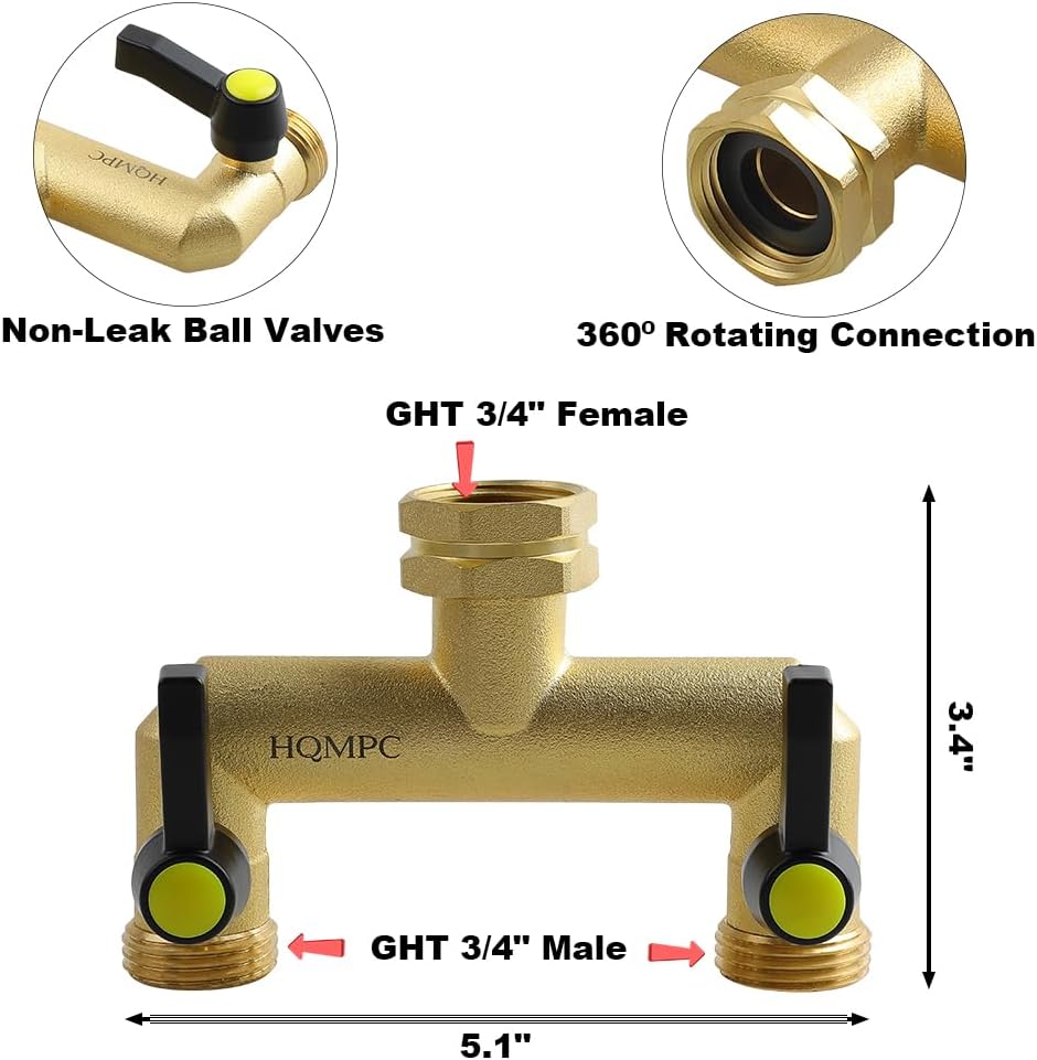HQMPC Hose Splitter Garden Hose 3 Way Valve Brass Hose Splitter with Solid Long Handle Hose Spigot Splitter 3 Way Valve 3/4" GHT Thread