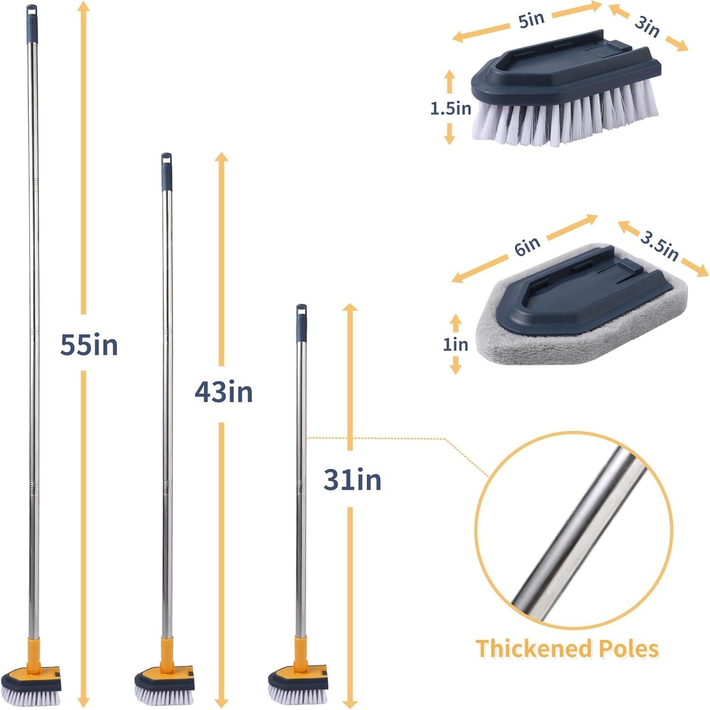 BOOMJOY Tub Cleaner Brush with Long Handle, 55" Extendable Tub Scrubber with Locking Head, No Scratch Shower Cleaning Brush for Bathtub, Bathroom Ceilings, Toilet, Kitchen, Tile, Sink