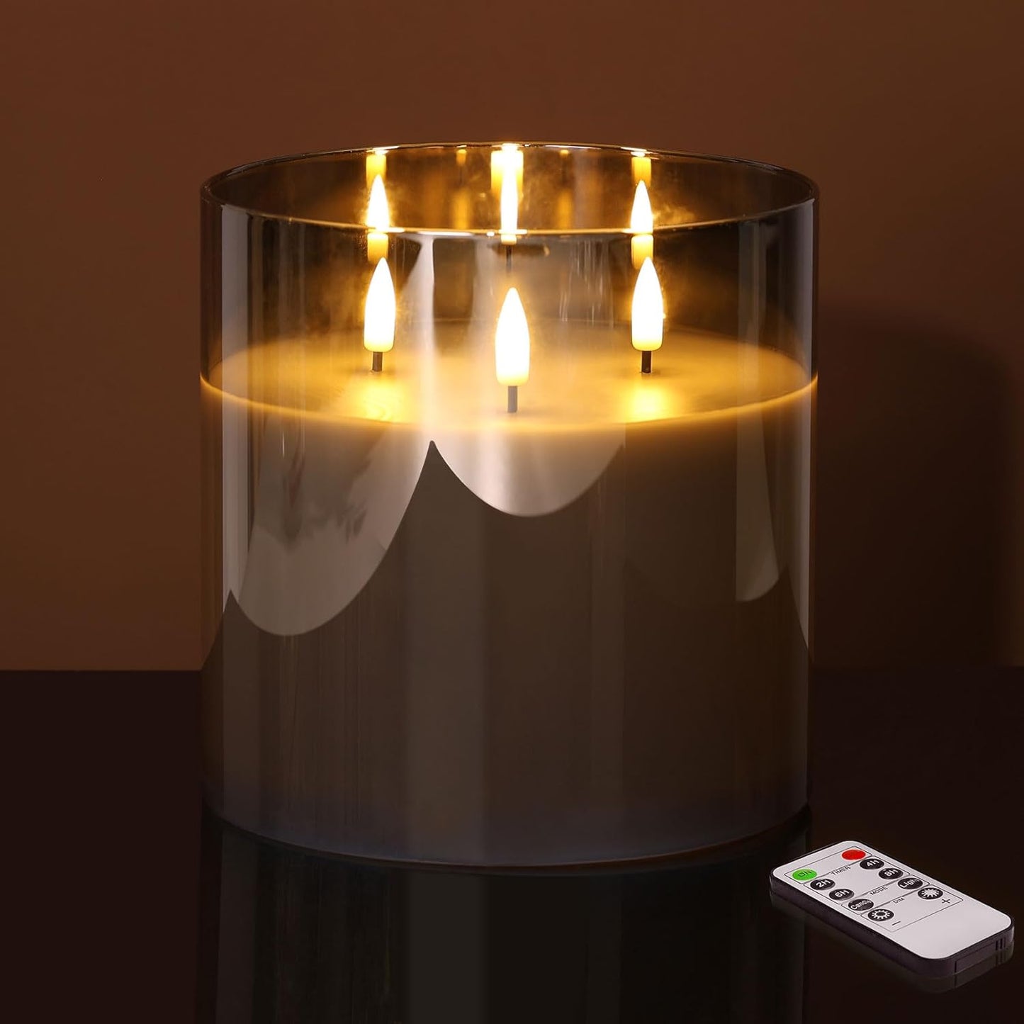 Eywamage 3 Wick Smoke Grey Glass Flameless LED Candle with Remote, Flickering Large Battery Pillar Candle Decor Φ 6" H 6"