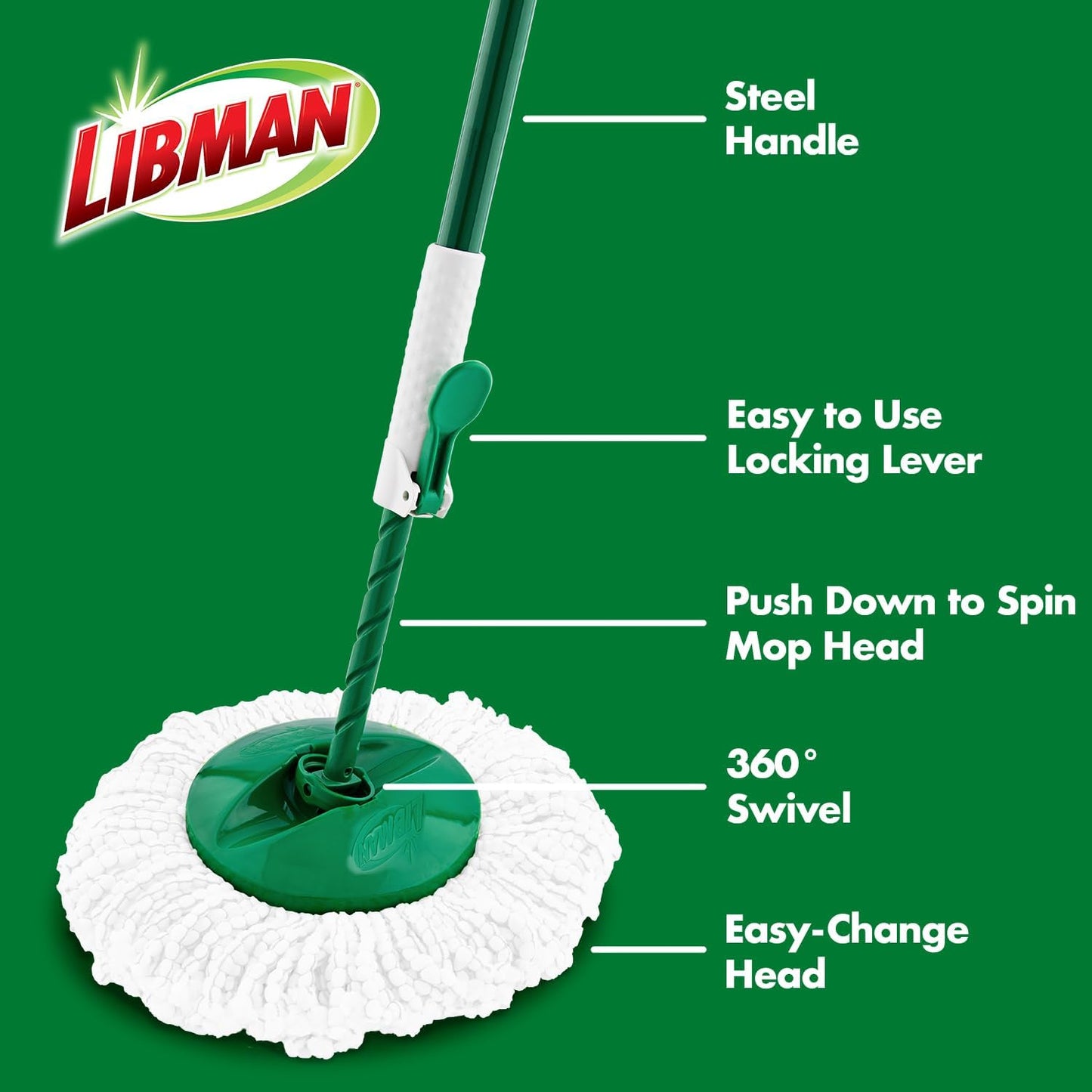 Libman Tornado Spin Mop System and 1 Refill, Mop and Bucket with Wringer Set for Hardwood Floor Cleaning, 2 Total Heads Included